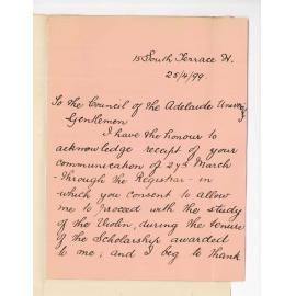 Miss Florence E Cooke - Adelaide - Thanking for awarded Scholarship Violin