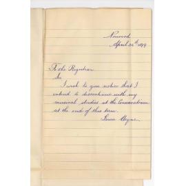 Miss Laura Heyne - Norwood - Notifying that she will discontinue lessons at the Conservatorium