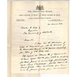 Thomas Threlfall - Associated Board of Royal Academy and College of Music - London - Concerning agreement between Associated Board and University