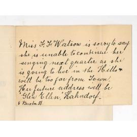 Miss F F Watson - North Adelaide - Notifying that she will discontinue lessons at Conservatorium