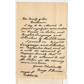 George F Gunson - Adelaide - Permission to sit for Latin and English Language and Literature in March