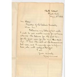 Miss May Winwood - Hyde Park - Unable to attend the lectures in Music Bachelor Degree