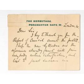 Frederic K Cliffe - London - Thanks report of Council concerning protest from Music Teachers