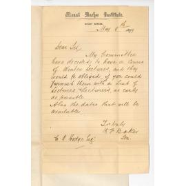 H J Baker - Mount Barker Institute - Committee decision to have a Course of Winter Lectures and request for a list of lectures