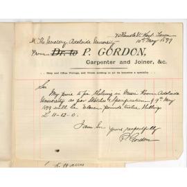 Lewis Harris and P Gordon - Adelaide - Cost of additional shelving in Music Room