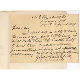 Miss Jane Greene - Norwood - Will not be able to take lessons at Conservatorium