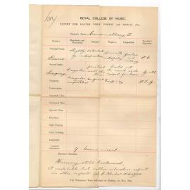 C Herbert H Parry - Director - Royal College of Music - London - Progress report for Miss Mary J Corvan