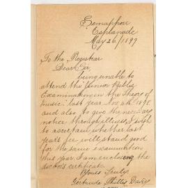 Miss Gertrude Phillis Davey - Semaphore - Did not attend the 1898 Junior Theory of Music Exam due to illness  - Fee to stand to credit for future examination