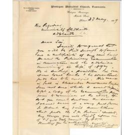 Reverend H Henwood Teaque - Western Methodist Church Tasmania - Requesting certificate for his son passing the Preliminary Examination in 1897