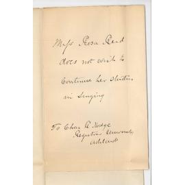 Miss Rosa Reid - Will discontinue lessons at Conservatorium