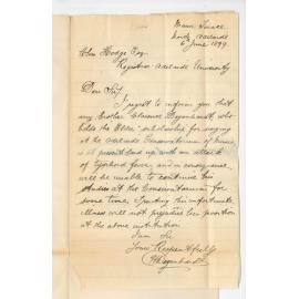 H Degenhardt - North Adelaide - Informs his brother Mr Clarence Degenhardt [Elder Scholar] unable to attend the Conservatorium owing to illness