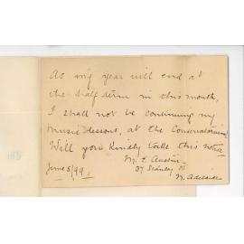 Miss M E Austin - North Adelaide - Discontinuing lessons at the Conservatorium