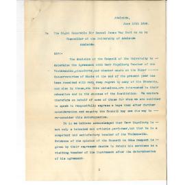 R K Thomas and Eustace B Kennedy - Adelaide - Termination of Herr Kugelberg agreement as teacher of violoncello