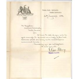 Thomas George Ellery - Town Clerk Adelaide - Requesting a copy of the last Balance Sheet