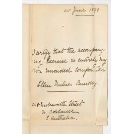Miss Ellen Milne Bundey - North Adelaide - Certifying that accompanying exercise is her own unaided composition