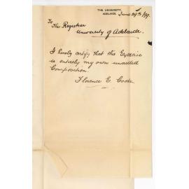 Miss Florence E Cooke - University - Certifying that Music Bachelor exercise is her own unaided composition