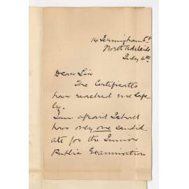 Miss Bessie Scott - Port Pirie - Acknowledging receipt of certificates and requesting information Junior Public