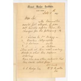 H F Baker - Secretary Mount Barker Institute - Extension Lectures