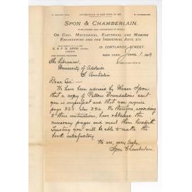 W Edmonds Spon and W Chamberlain - New York - Forwarding missing pages of Pattons Foundations