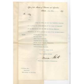 James Bath - Secretary - Office of the Minister of Education and Agriculture - Adelaide - Approves award of Evening Scholarships