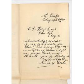 Miss Nina Auburn Rossi - Mount Barker - Acknowledging receipt of Certificate