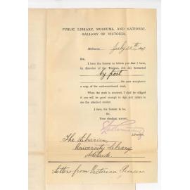 Public Library - Melbourne - Forwarding Letters from Victoria Pioneers