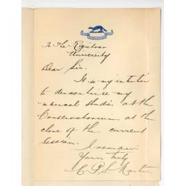 C G S Martin - Discontinuing lessons at the Conservatorium