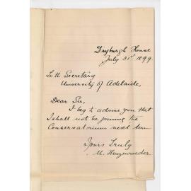 Miss M Heuzenroeder - Hackney - Discontinuing lessons at the Conservatorium