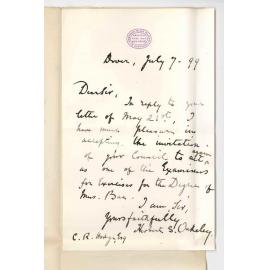 Sir Herbert S Oakley - Dover England - Consenting to act as Examiner for Music Bachelor Degree