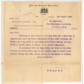 Charles Todd - Postmaster-General and Superintendent of Telegraphs - Postage on Examination Papers
