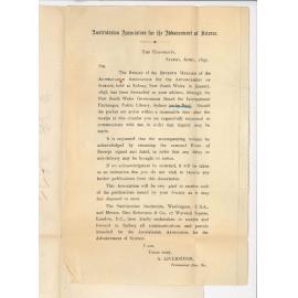 Professor Liversidge - University of Sydney - Advising despatch of Report of Australasian Association for the Advancement of Science