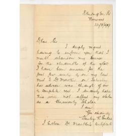 Stanley V Easther - Norwood - Discontinuing studies owing to ill health