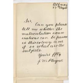 J M Playne - Albany - Matriculation Examination