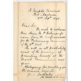 Sisters - St Josephs Convent - Port Adelaide - Withdrawing candidates from Preliminary Examination