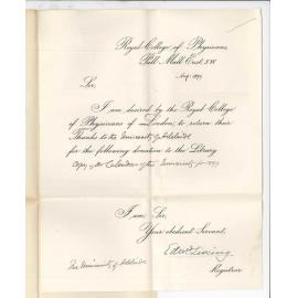 Edward Living - Registrar - Royal College of Physicians - Acknowledging receipt of Calendar