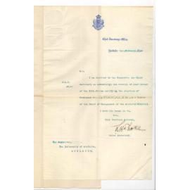 Lionel Henry Sholl - Under Secretary - Chief Secretary's Office - Acknowledging Professor William Mitchell appointed to Adelaide Hospital Board of Management