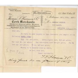 T S Harrison and Company - Melbourne - Quotation for Taper Corks