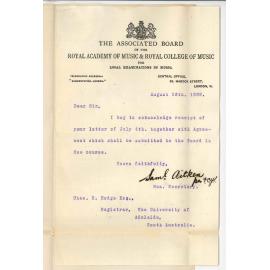 Samuel Aitken - Honorary Secretary Associated Board - Acknowledging receipt of letter of 4th July