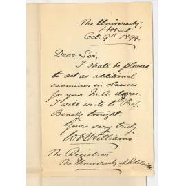 Professor W H Williams - University of Tasmania - Consenting to act as Examiner