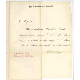 E C Mitchell - Woodville - Withdrawing Miss H M Ring from Junior Practice Examination