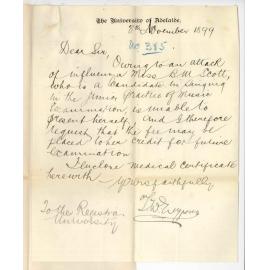 T W Lyons - The University - Miss B M Scott unable to attend Music Exam