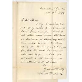 Frank John Naish - Adelaide - Concerning notice received from Engineer in Chiefs Department