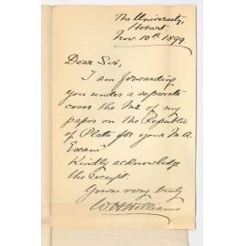 Professor W H Williams - University of Tasmania - Hobart - Forwarding MS Exam Paper for MA Degree