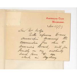 Graham P Moore - Australian Club - Melbourne - Concerning Examination fees due to Associated Board