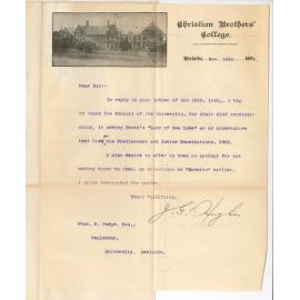 Reverend J G Hughes - Christian Brothers College Adelaide - Thanking Council for adding Scotts Lady of the Lake as alternative textbook