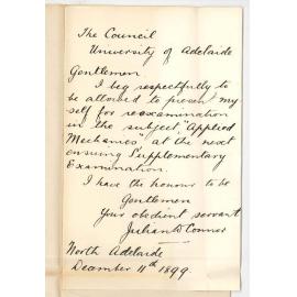 Julian W Connor - North Adelaide - Permission to sit for Applied Mechanics at the Supplementary Examination in March 1900