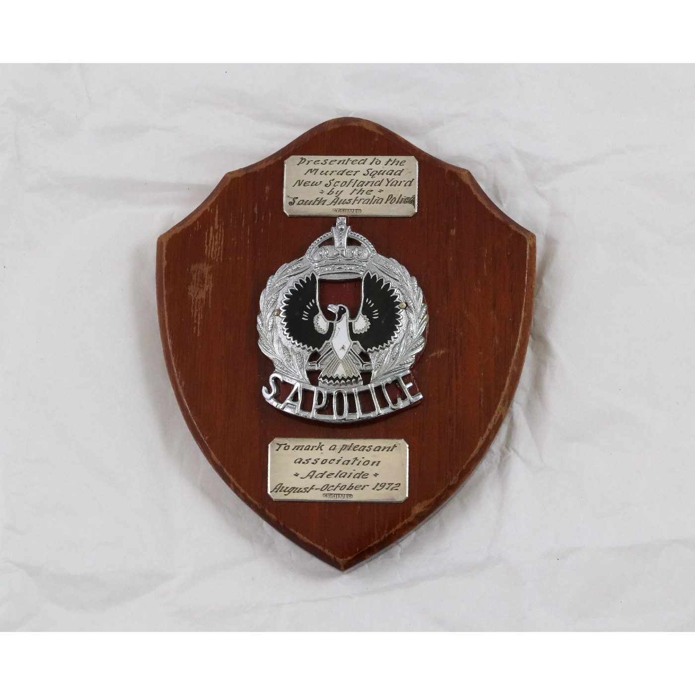 A New Acquisition: Plaque presented to New Scotland Yard Murder Squad by the South Australia Police, 1972