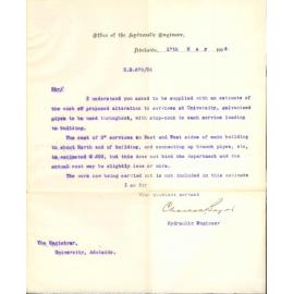 Estimate of cost of alteration of water service