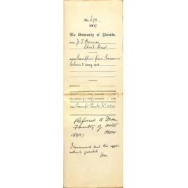 Joseph T Barnes - Sturt Street - Exemption from Economics lectures and essay 1908