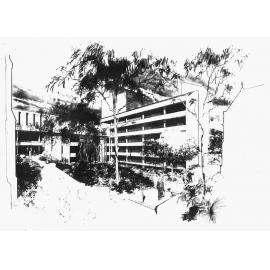 Architect's Drawing of Hughes Building and Courtyard, 1973